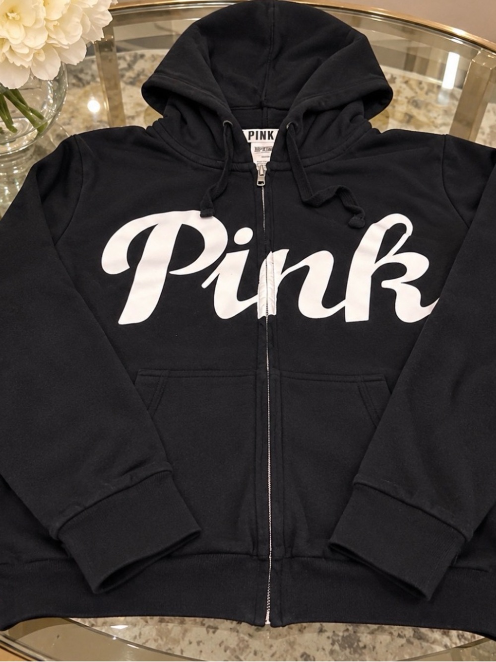 PINK Victoria's Secret Black Zip-Up Hoodie with White Logo